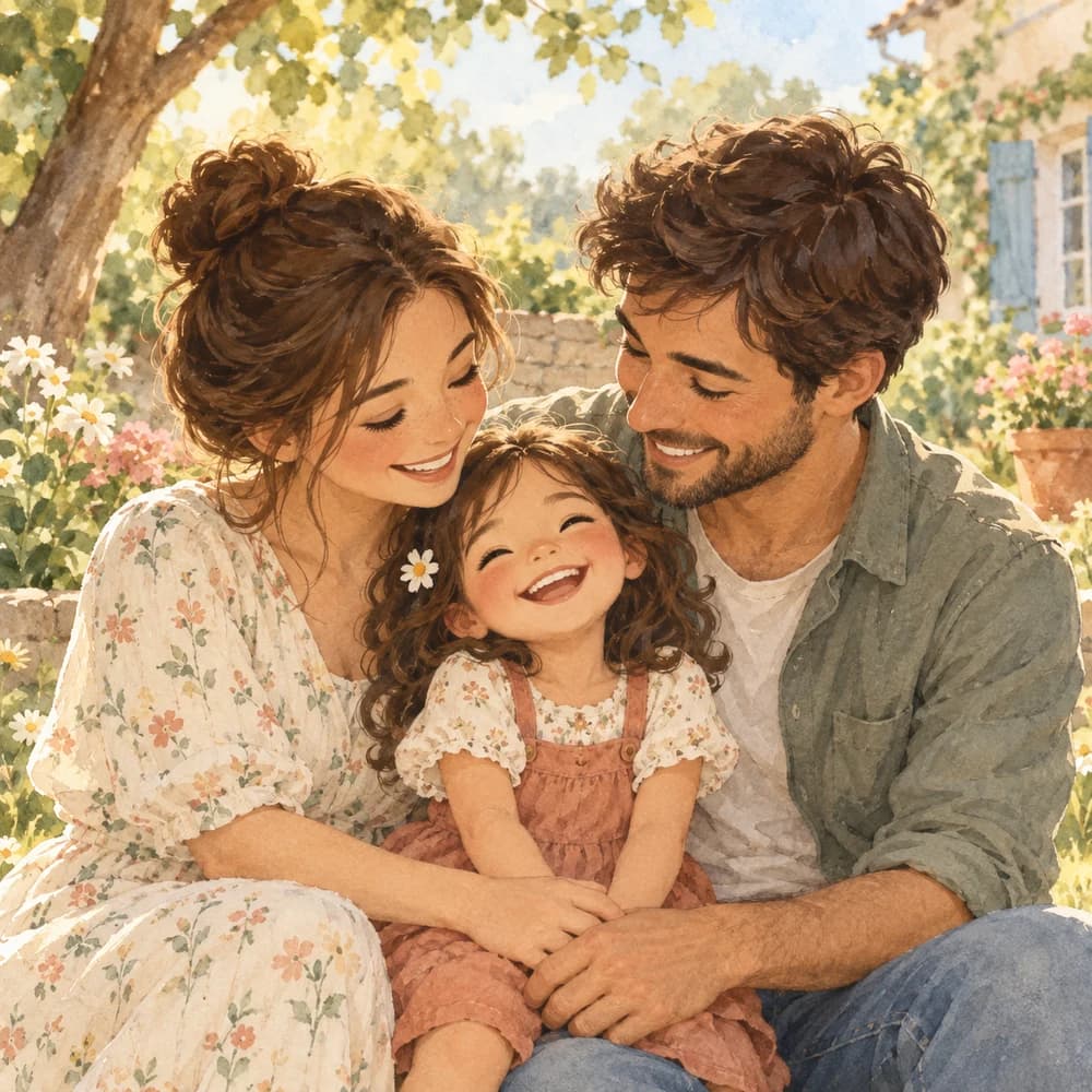 A warm illustrated portrait of a family sharing a happy moment